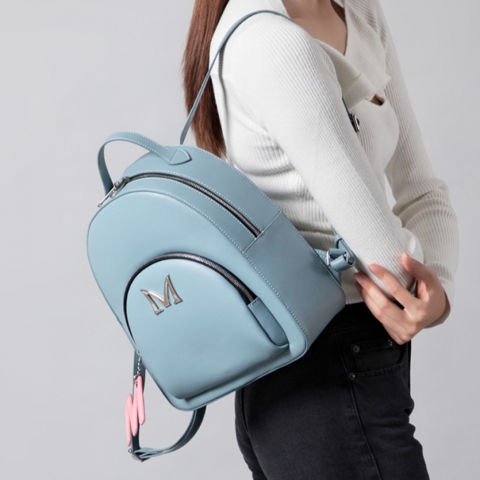 mochila de couro azul cinza para mulheres design gionar 